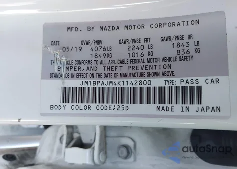 2019 Mazda Mazda3 z USA, uszkodzony, nr VIN JM1BPAJM4K1142800